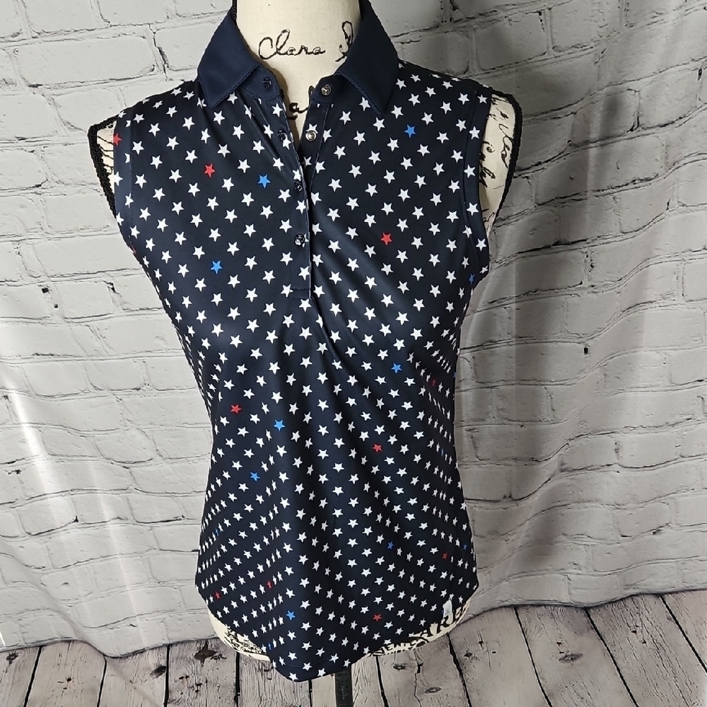 Lady Hagen Star Patterned Sleeveless Collared Navy Golf Shirt Size XS